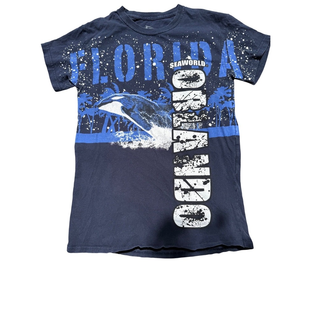 SeaWorld Orlando Graphic T Shirt Men's Navy Blue Orca Palm Tree Tee